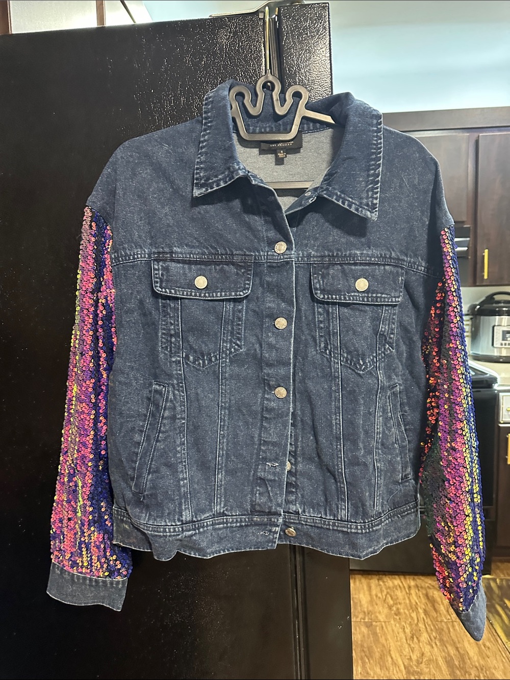 Dark Blue Denim Jacket with Multicolor Sequin Sleeves